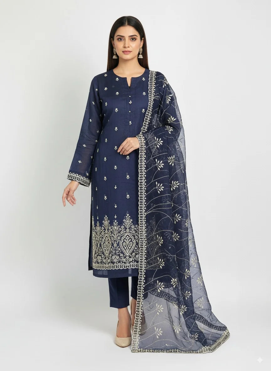 Navy Blue Embroidered cotton net Suit with Heavy Dupatta – Luxury Formal Unstitched 3 Piece"