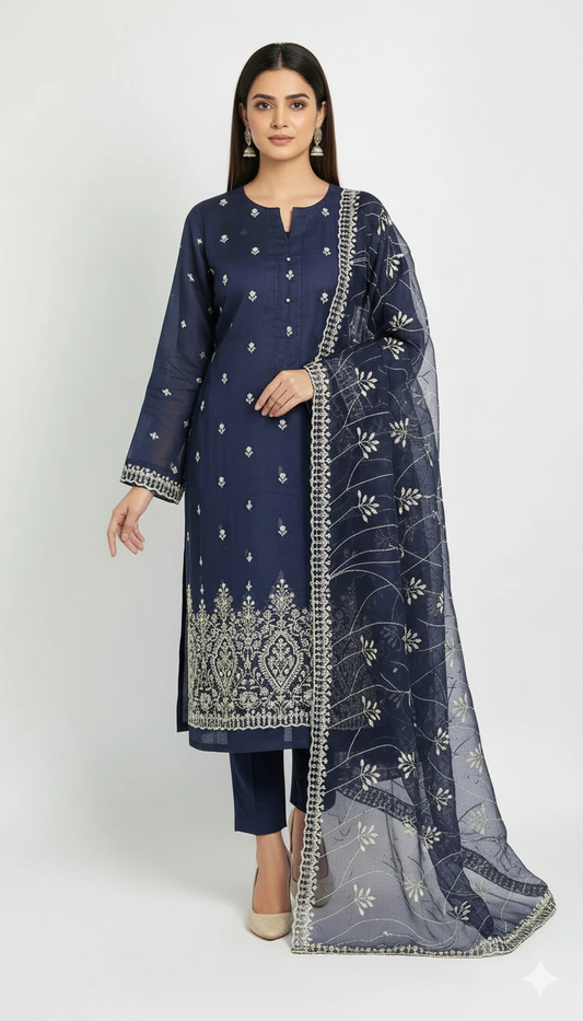 Navy Blue Embroidered cotton  net Suit with Heavy Dupatta – Luxury Formal Unstitched 3 Piece"