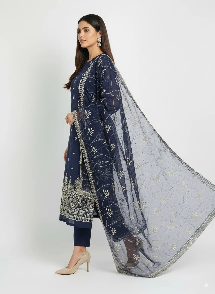 Navy Blue Embroidered cotton net Suit with Heavy Dupatta – Luxury Formal Unstitched 3 Piece"