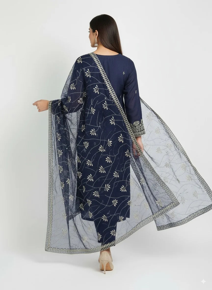 Navy Blue Embroidered cotton net Suit with Heavy Dupatta – Luxury Formal Unstitched 3 Piece"