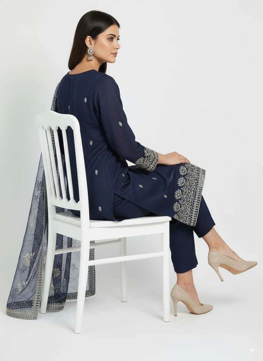 Navy Blue Embroidered cotton net Suit with Heavy Dupatta – Luxury Formal Unstitched 3 Piece"
