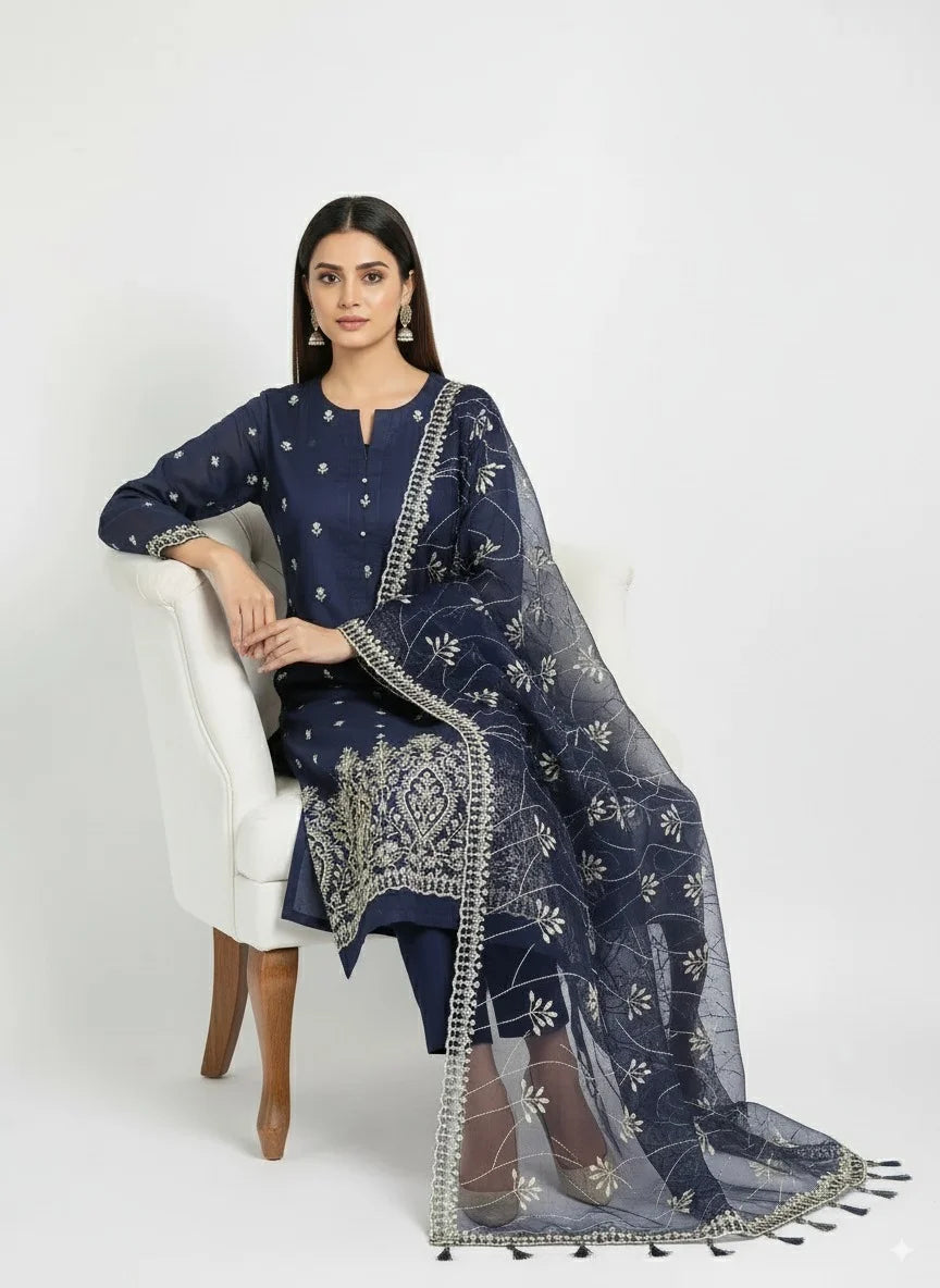 Navy Blue Embroidered cotton net Suit with Heavy Dupatta – Luxury Formal Unstitched 3 Piece"