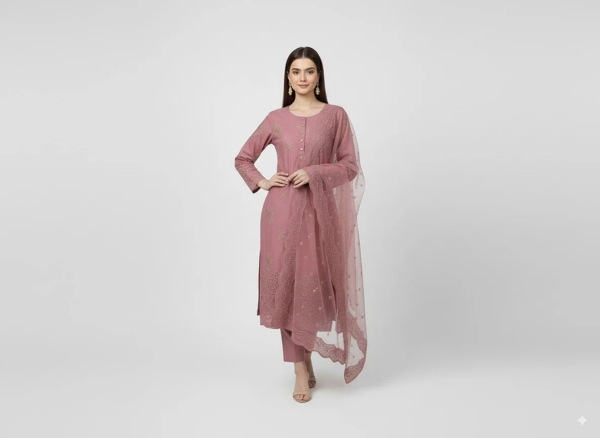 3P ROSE PINK EMBROIDERED ARABIC LAWN