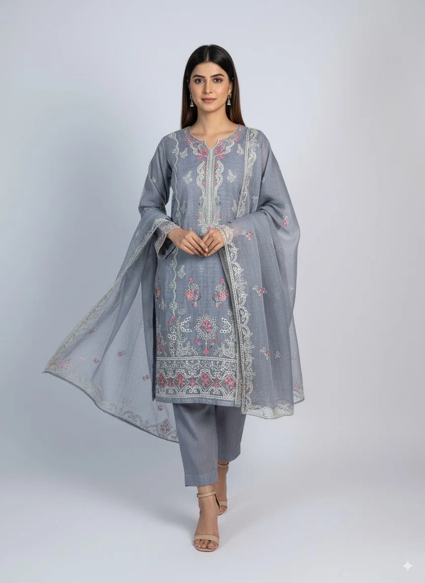 3 Piece Grey Colour Unstitched Cotton Net