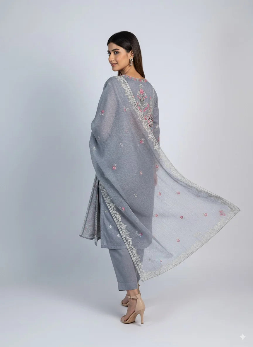 3 Piece Grey Colour Unstitched Cotton Net