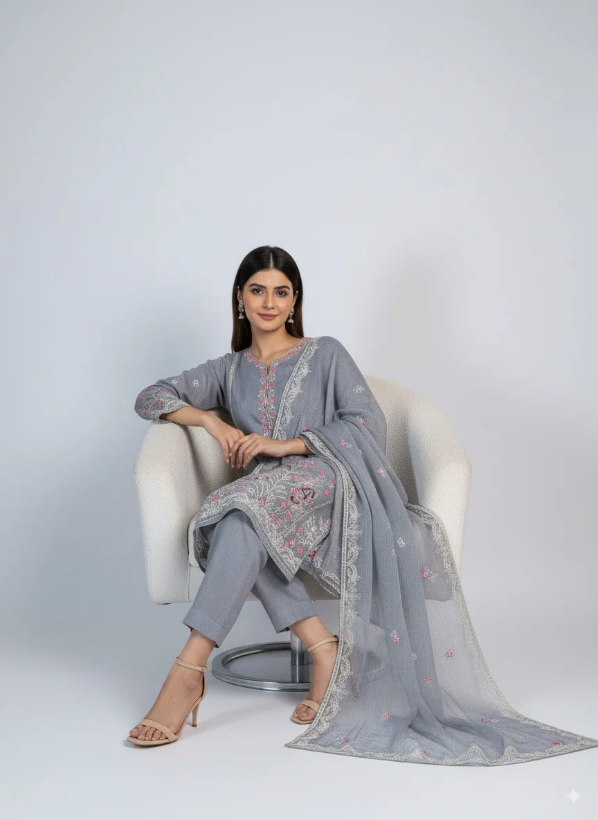 3 Piece Grey Colour Unstitched Cotton Net