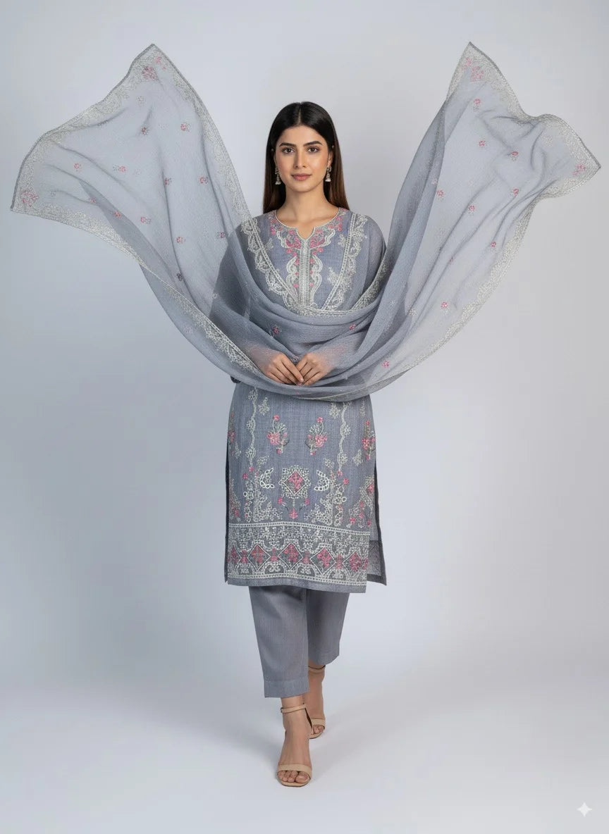 3 Piece Grey Colour Unstitched Cotton Net