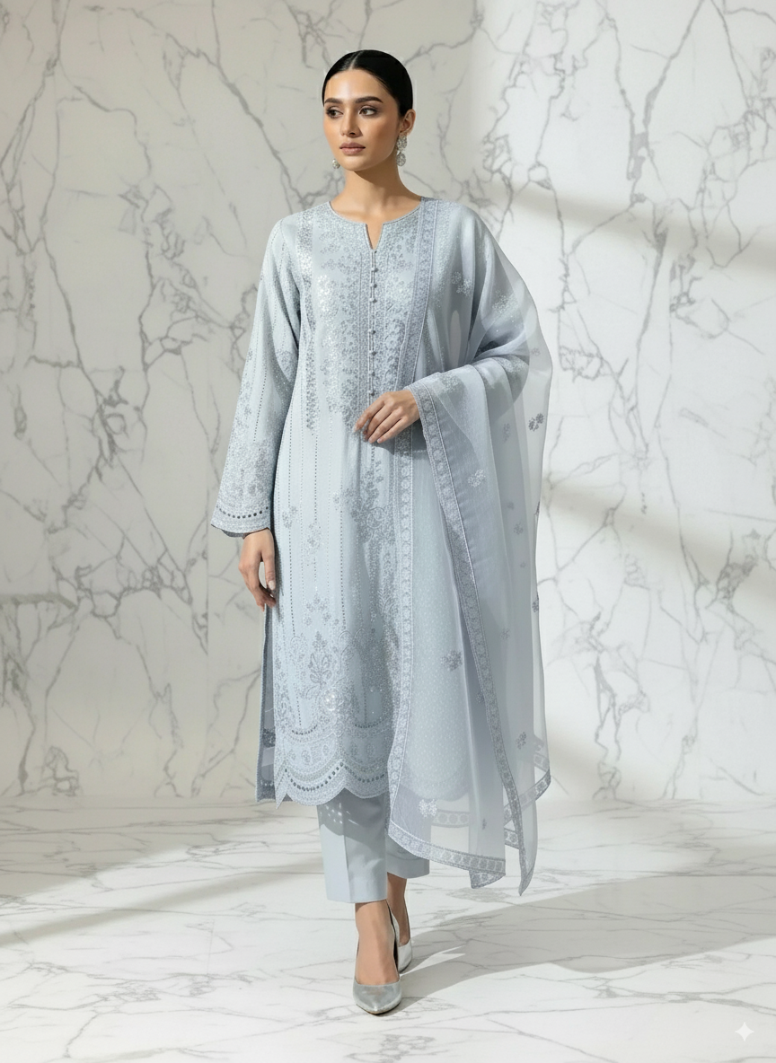 3P SKY BLUE EMBROIDERED ARABIC LAWN