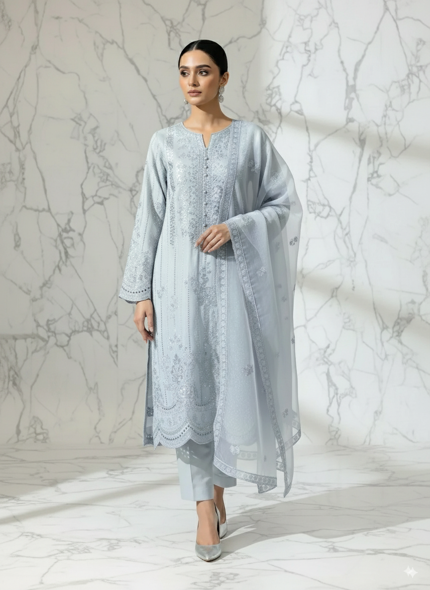 3P SKY BLUE EMBROIDERED ARABIC LAWN
