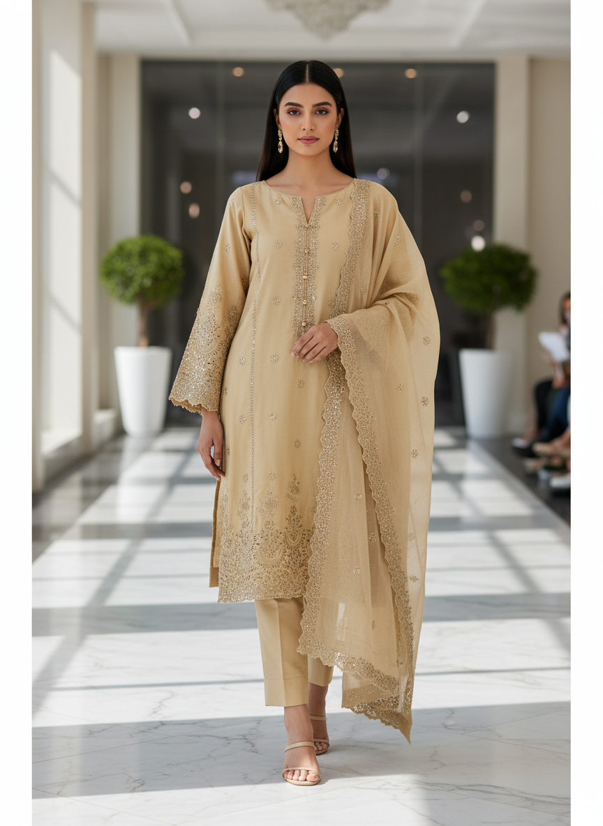 3P RICH GOLD ARABIC LAWN LUXURY EMBROIDERED