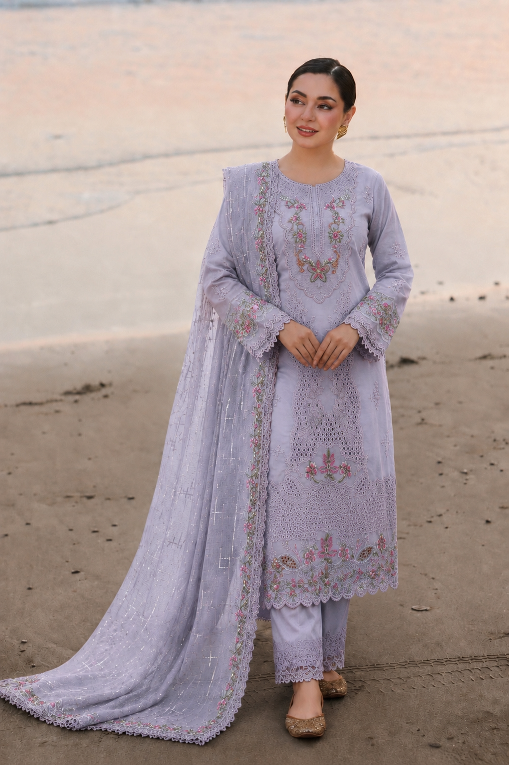 levender Zareen 3 Piece Embroidered Unstitched Arabic Lawn Suit for Women