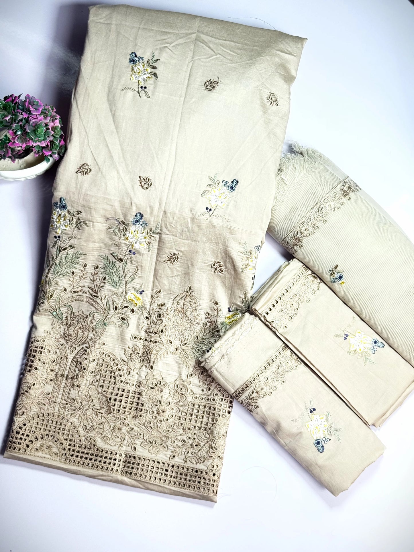 3P SKIN BEIGE EMBROIDERED ARABIC LAWN