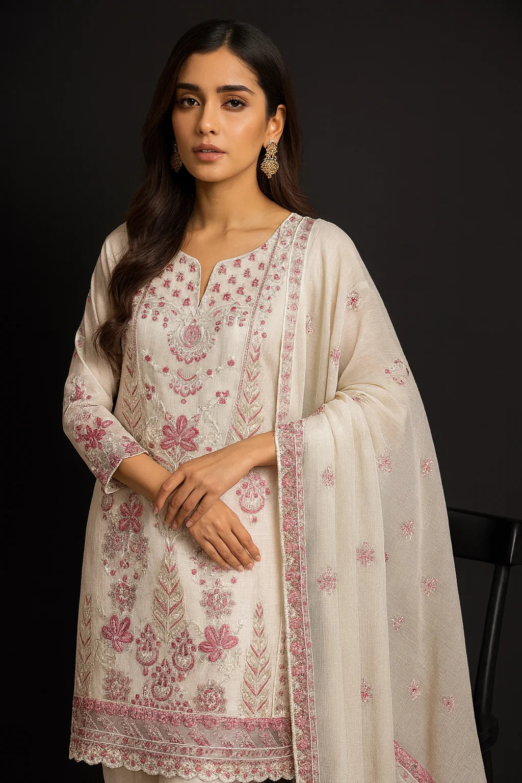 ''Bridal Luxury Cream & Pink Embroidered Unstitched Suit -Elegant 3 Piece cotton Net Outfit ''