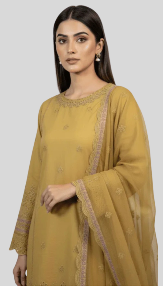 3P Olive Gold Pure Lawn Chickankari Embroidered Unstitched Suit