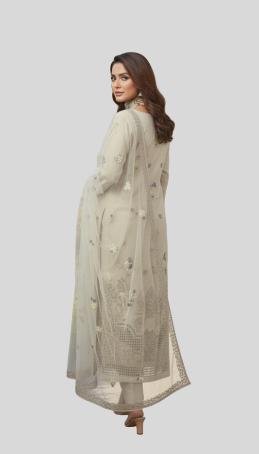 3P SKIN BEIGE Chickankari embroidered Arabic Lawn