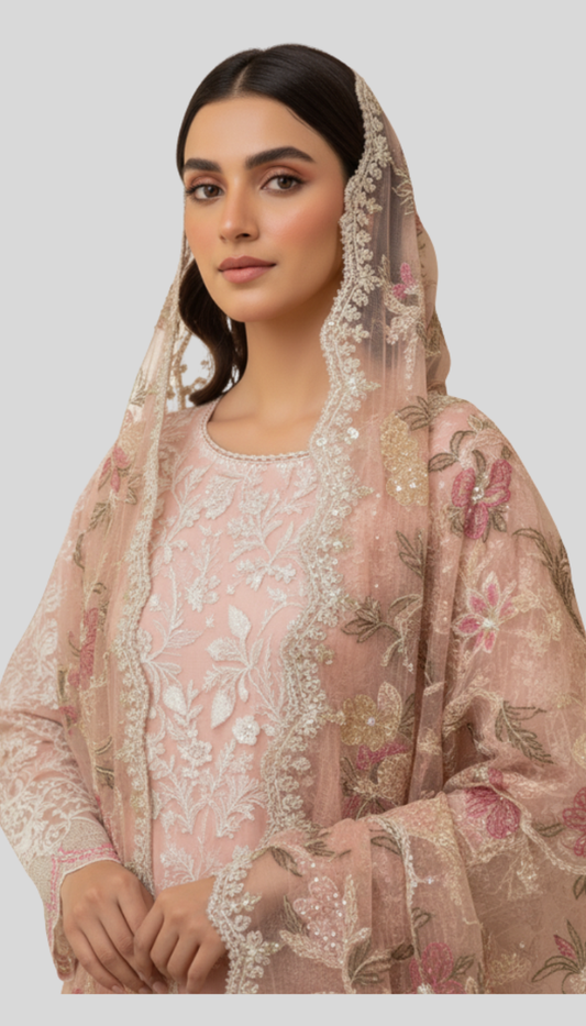 “Peach Pink Karandi Net Bridal 3-Piece Suit ”