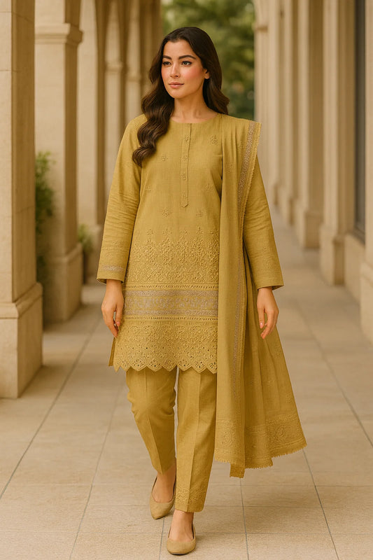 3P OLIVE GOLD PURE LAWN