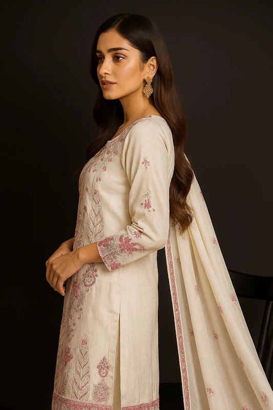 ''Bridal Luxury Cream & Pink Embroidered Unstitched Suit -Elegant 3 Piece cotton  Net Outfit ''