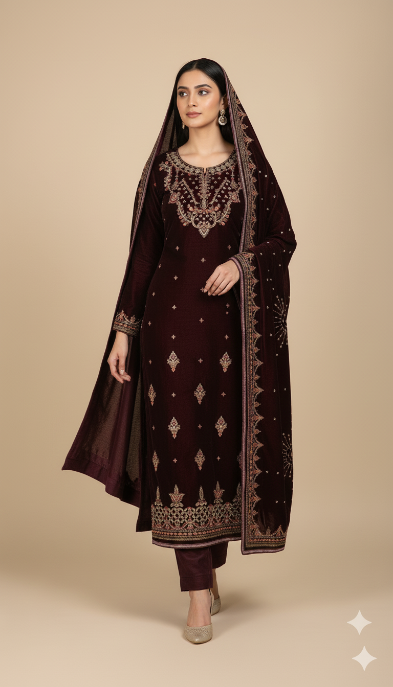 Luxury Velvet Embroidered Suit – Burgundy (Dark Purple) | Fancy Neck & Sequin Work