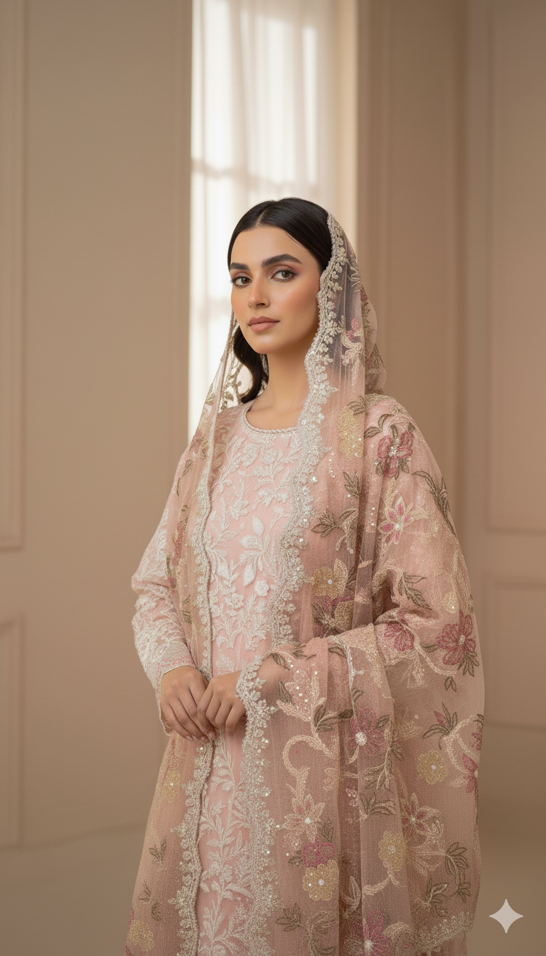 “Luxury Peach Pink Karandi Net Bridal 3-Piece Suit with Heavy Front Embroidery & Sequin Work | Limited Edition Color”