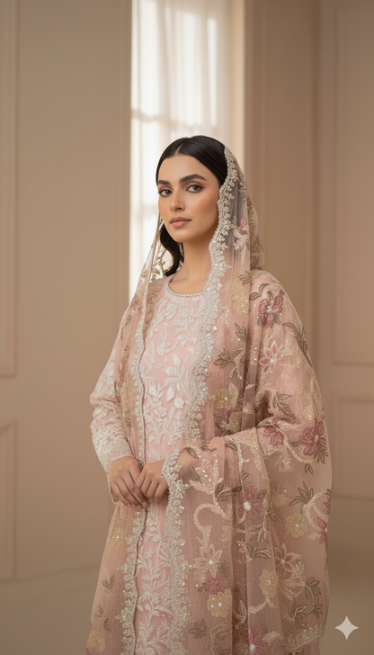 “Luxury Peach Pink Karandi Net Bridal 3-Piece Suit with Heavy Front Embroidery & Sequin Work | Limited Edition Color”