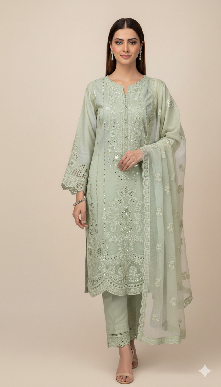 3P SKY BLUE EMBROIDERED ARABIC LAWN