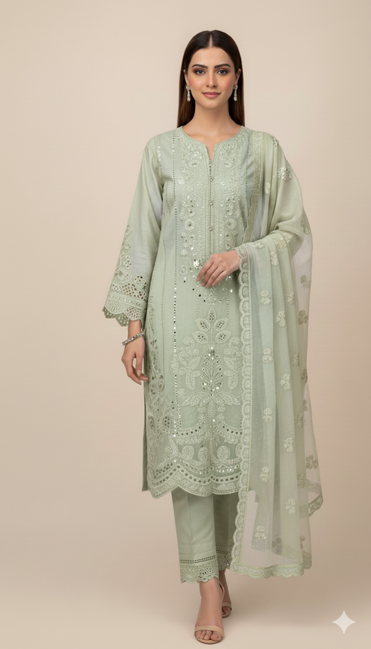 3P SKY BLUE EMBROIDERED ARABIC LAWN