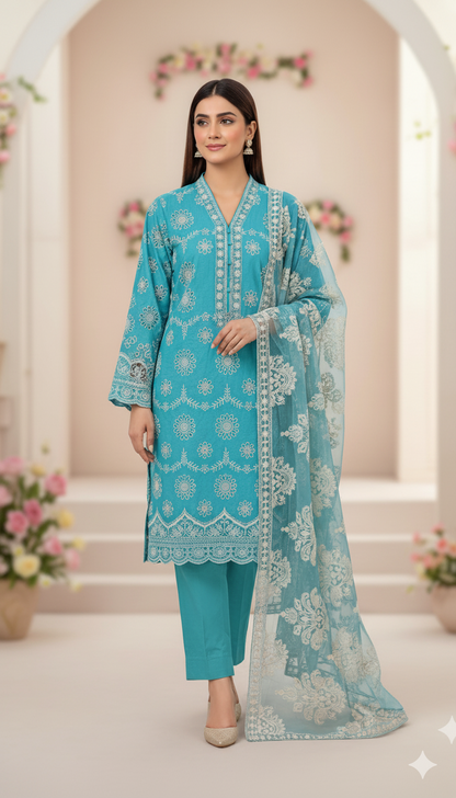 Luxury Embroidered Lawn Suit | Chikankari Work with Heavy Net Dupatta – Loxlook Premium Collection