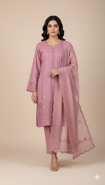 3P ROSE PINK EMBROIDERED ARABIC LAWN