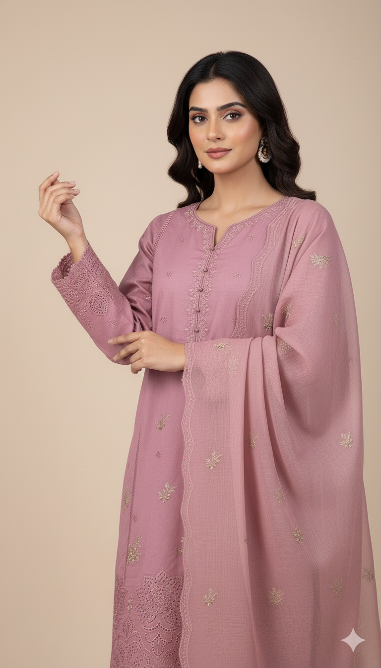 3P ROSE PINK EMBROIDERED ARABIC LAWN