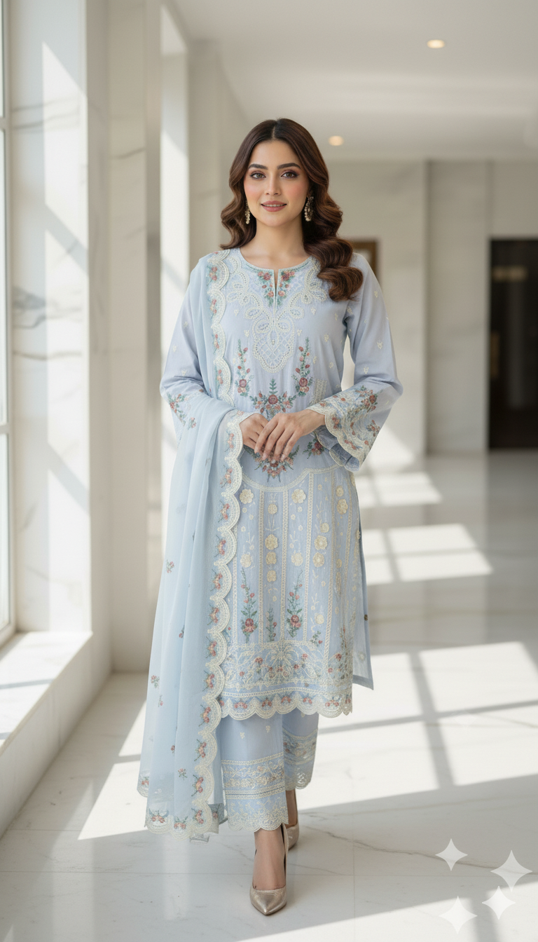 Luxury Arabic Lawn Unstitched Suit |Chickankari Embroidered With 3D Floral Work on Daman