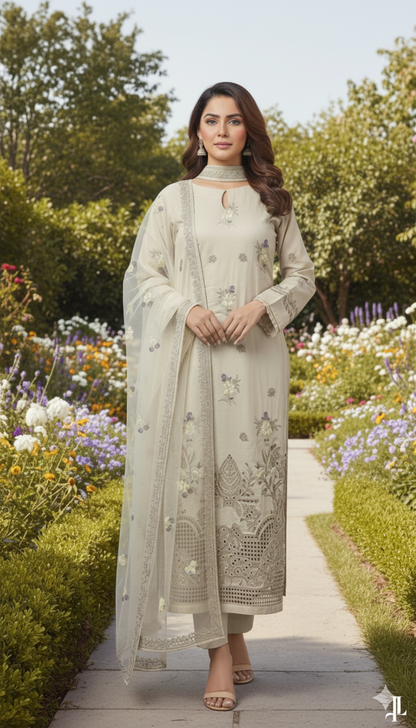 3P SKIN BEIGE EMBROIDERED ARABIC LAWN