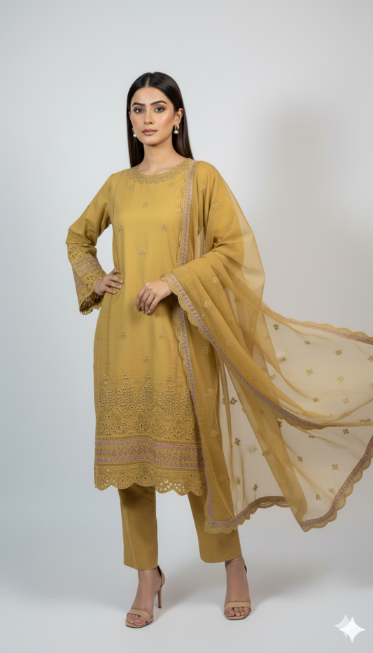 3P OLIVE GOLD PURE LAWN