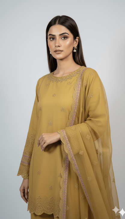 3P OLIVE GOLD PURE LAWN