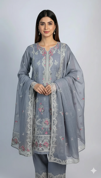 3 Piece Grey Colour Unstitched Cotton Net