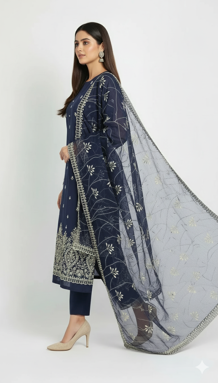 Navy Blue Embroidered cotton  net Suit with Heavy Dupatta – Luxury Formal Unstitched 3 Piece"