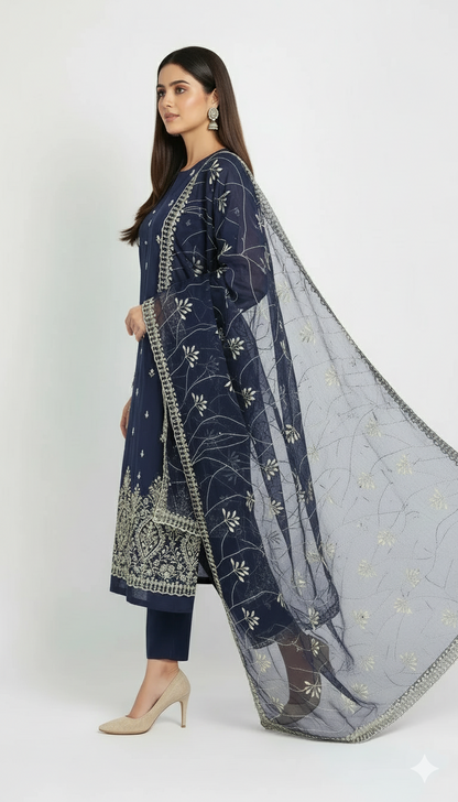 Navy Blue Embroidered cotton  net Suit with Heavy Dupatta – Luxury Formal Unstitched 3 Piece"