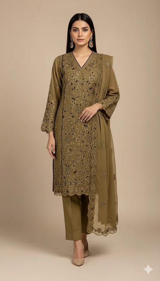 FANCY SHIFFON HAND-EMBROIDERED DRESS