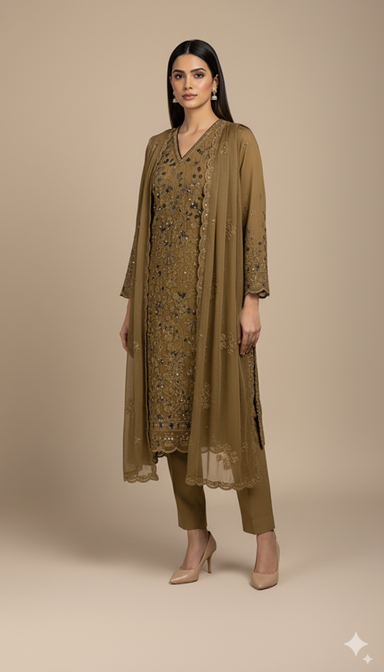 FANCY SHIFFON HAND-EMBROIDERED DRESS