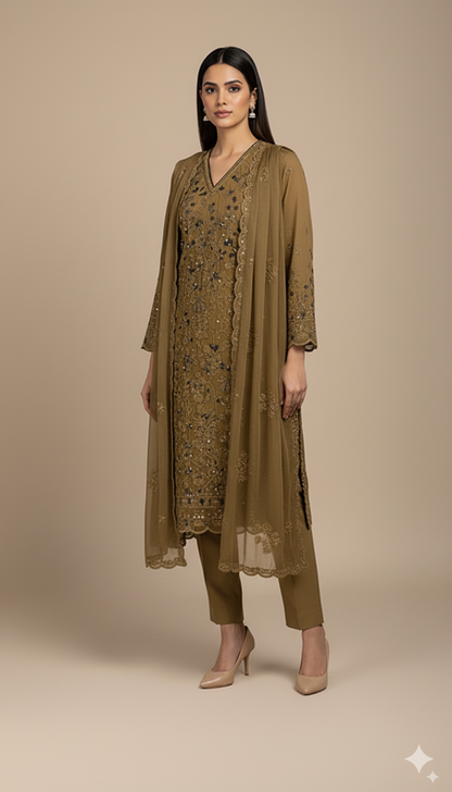 FANCY SHIFFON HAND-EMBROIDERED DRESS