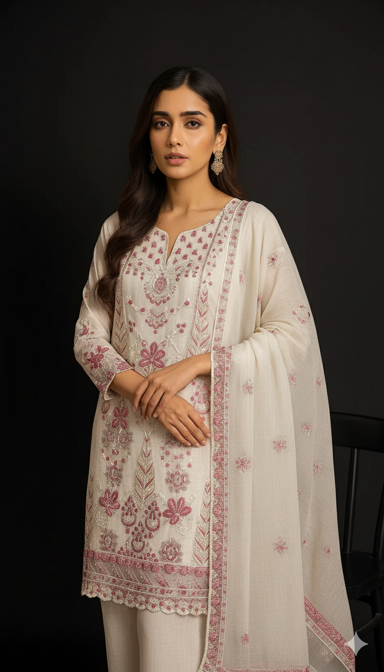 ''Bridal Luxury Cream & Pink Embroidered Unstitched Suit -Elegant 3 Piece cotton  Net Outfit ''