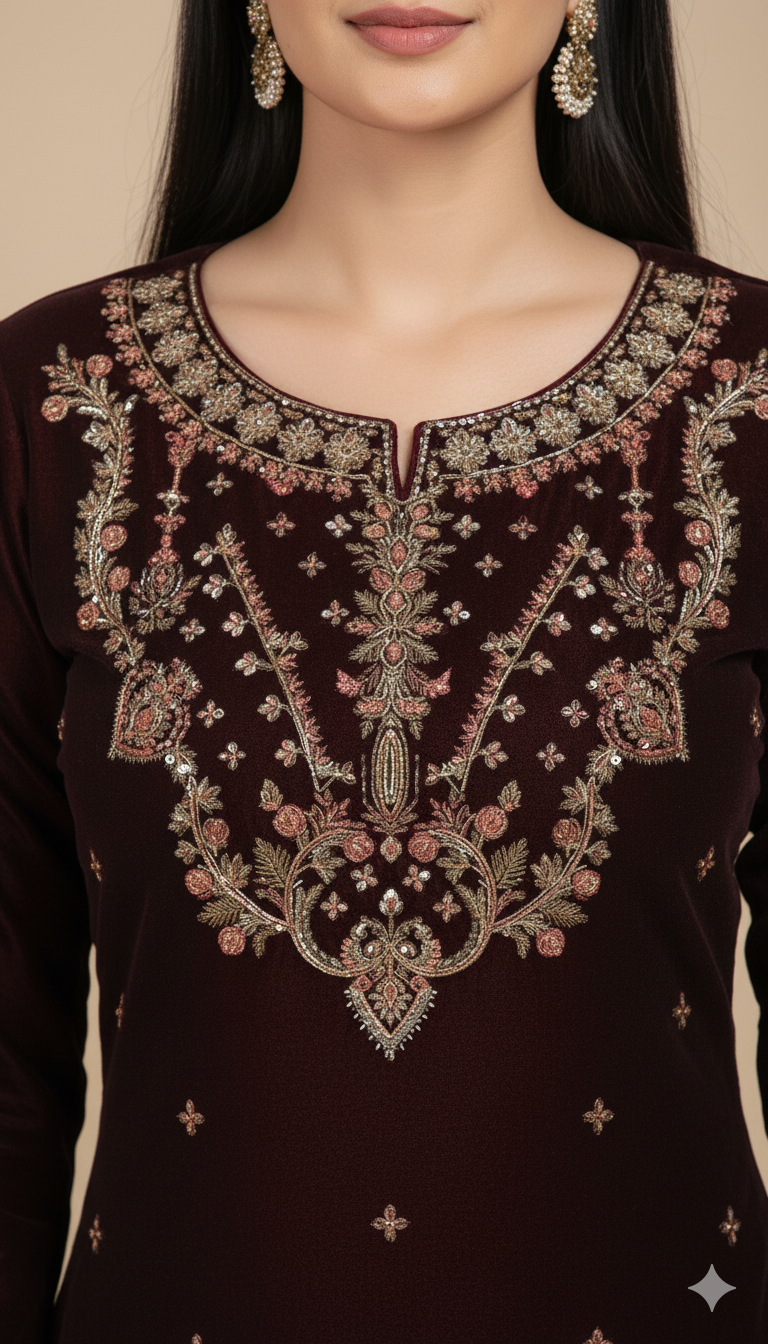 Luxury Velvet Embroidered Suit – Burgundy (Dark Purple) | Fancy Neck & Sequin Work