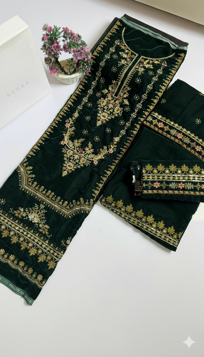 Bottle Green Velvet Dress with Heavy Zari Embroidery | Luxury Winter Collection