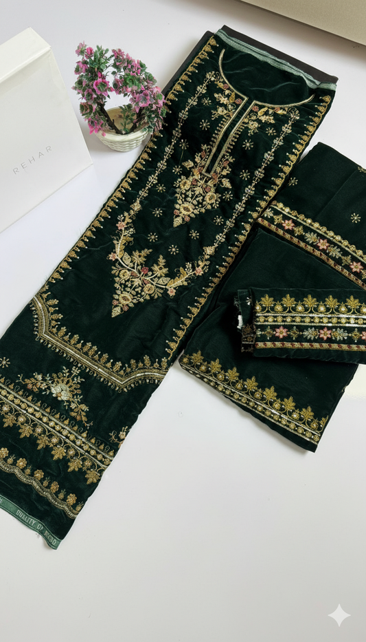 Bottle Green Velvet Dress with Heavy Zari Embroidery | Luxury Winter Collection