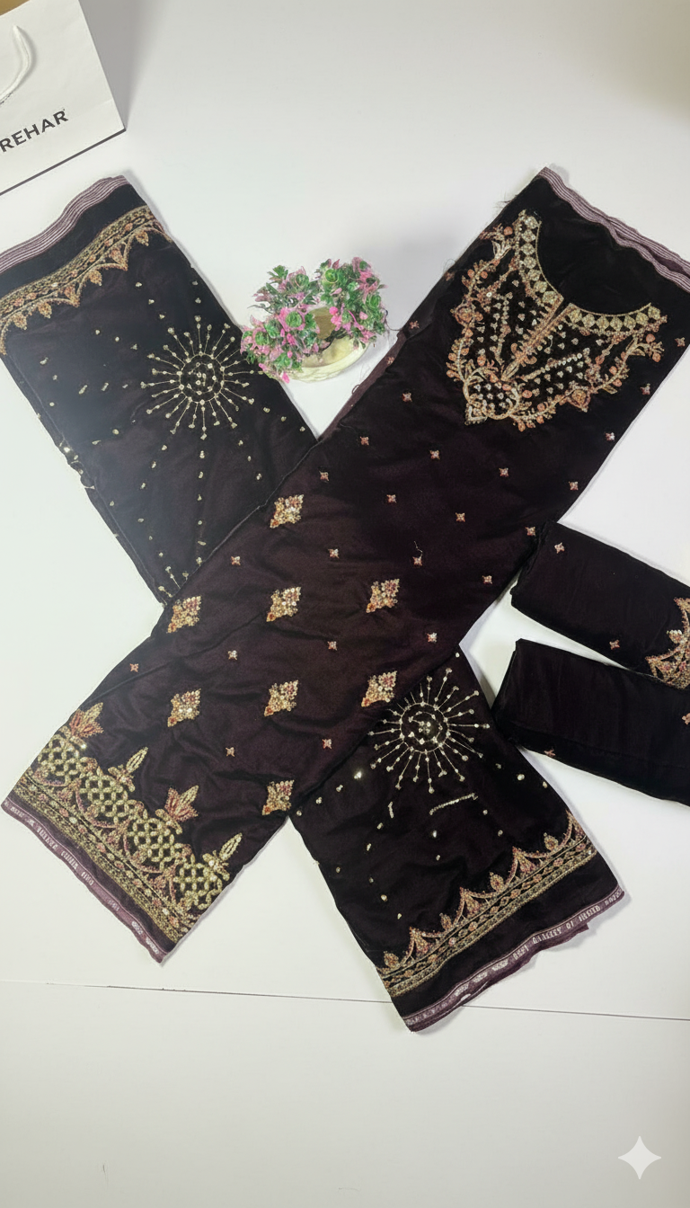 Luxury Velvet Embroidered Suit – Burgundy (Dark Purple) | Fancy Neck & Sequin Work