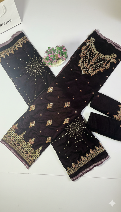 Luxury Velvet Embroidered Suit – Burgundy (Dark Purple) | Fancy Neck & Sequin Work