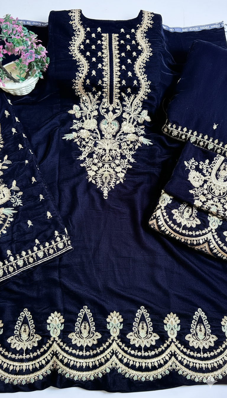 Luxury Navy Blue Velvet 3-Piece Suit | Handcrafted Zari Embroidery | Premium Winter Collection 2025