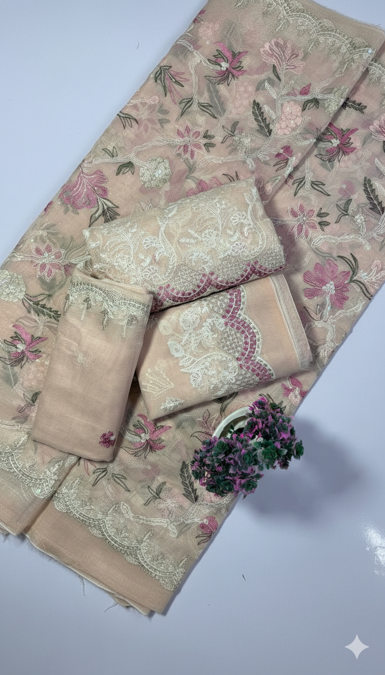 “Luxury Peach Pink Karandi Net Bridal 3-Piece Suit with Heavy Front Embroidery & Sequin Work | Limited Edition Color”