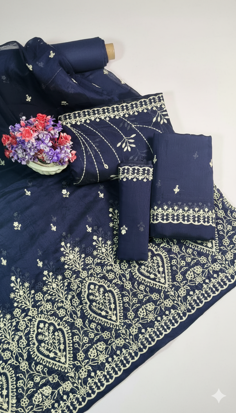 Navy Blue Embroidered cotton  net Suit with Heavy Dupatta – Luxury Formal Unstitched 3 Piece"