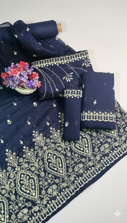 Navy Blue Embroidered cotton  net Suit with Heavy Dupatta – Luxury Formal Unstitched 3 Piece"